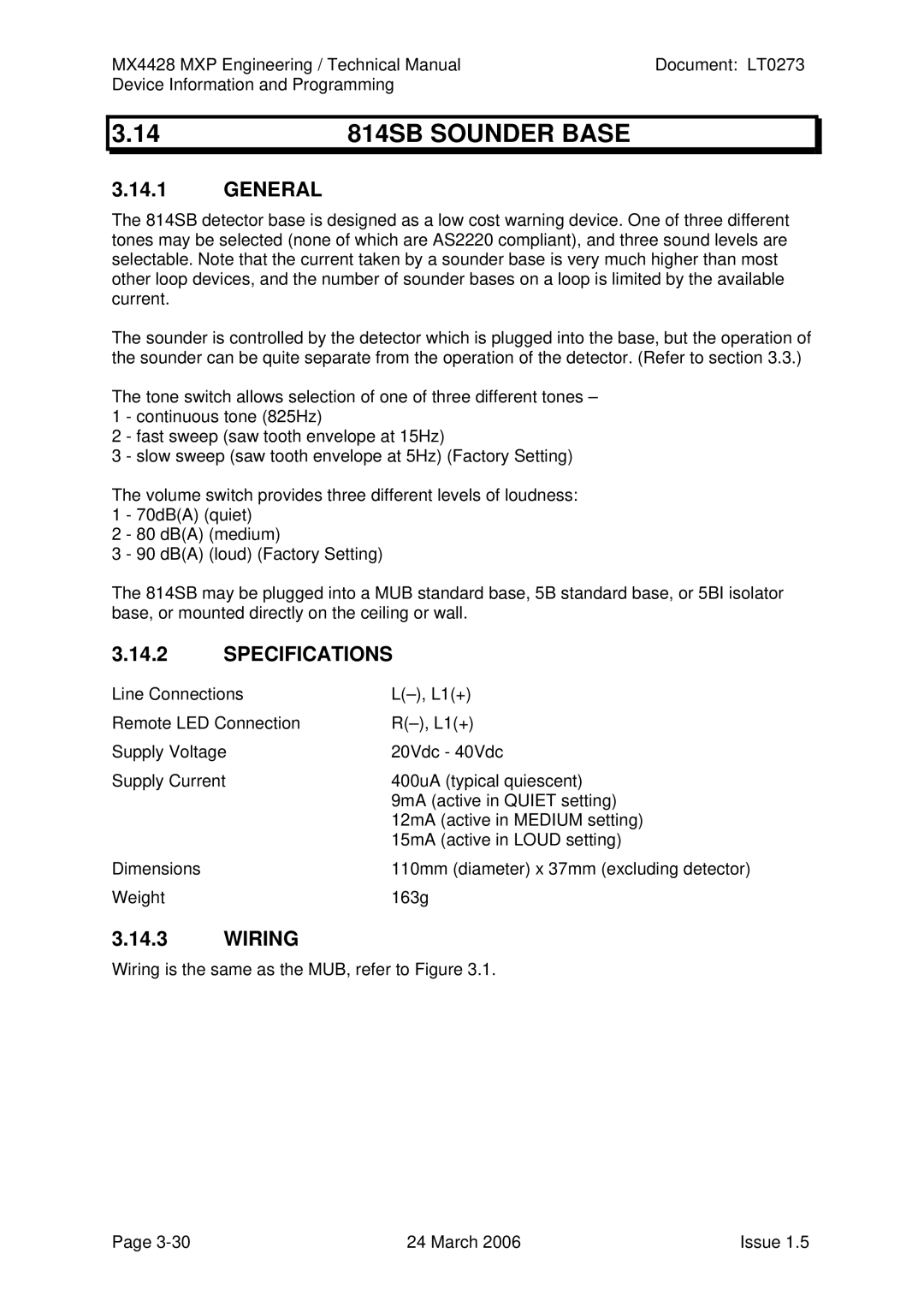 Tyco MX4428 technical manual 814SB Sounder Base 