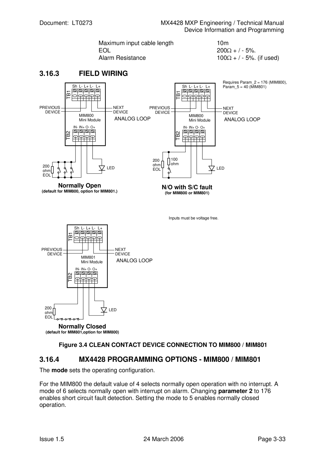 Tyco technical manual Field Wiring, 16.4 MX4428 Programming Options MIM800 / MIM801, Normally Open, Normally Closed 