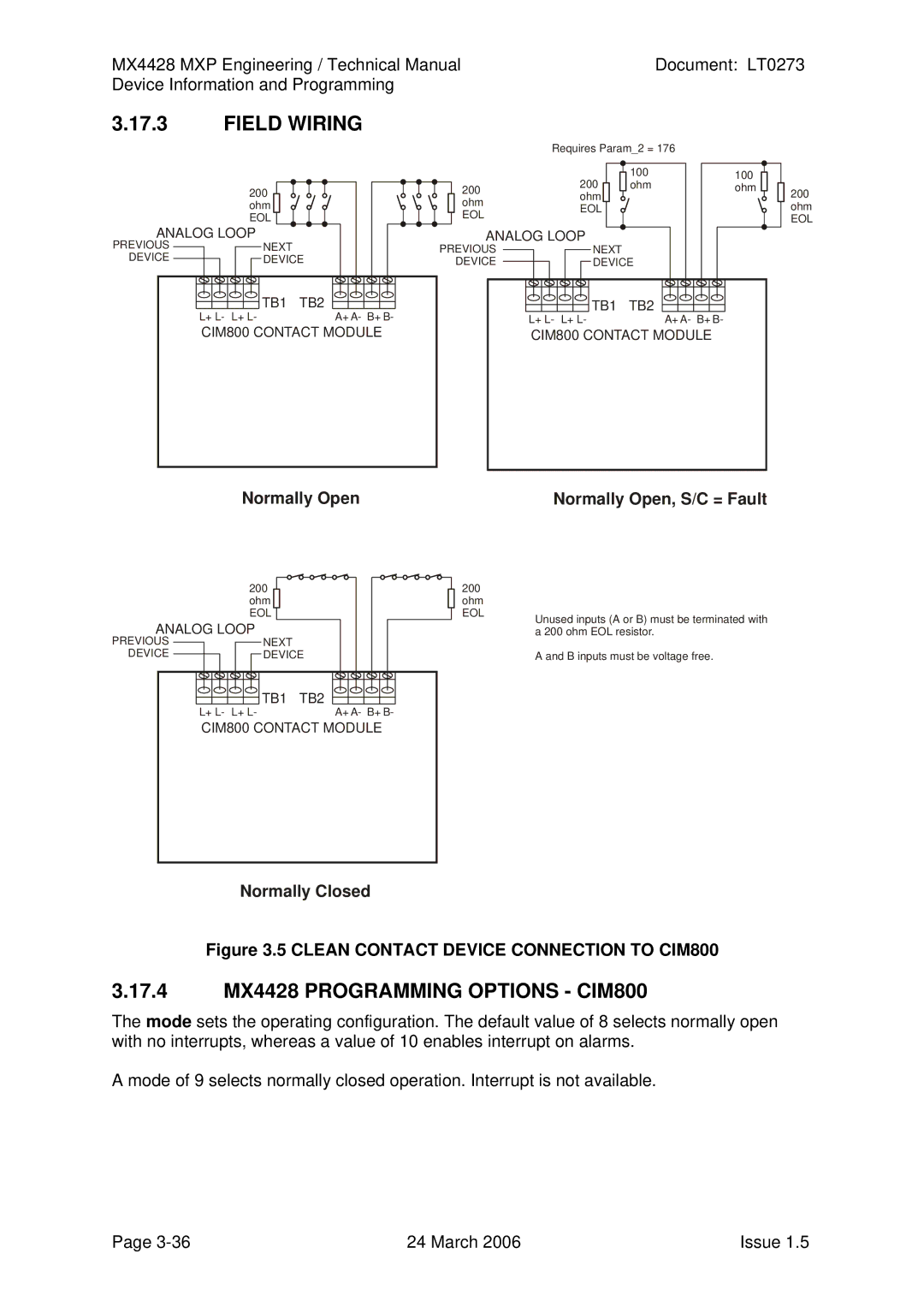 Tyco technical manual 17.4 MX4428 Programming Options CIM800, Clean Contact Device Connection to CIM800 