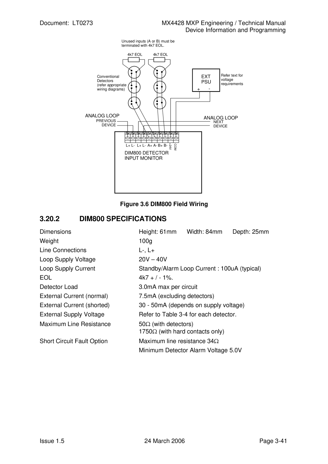 Tyco MX4428 technical manual 20.2 DIM800 Specifications, DIM800 Field Wiring 