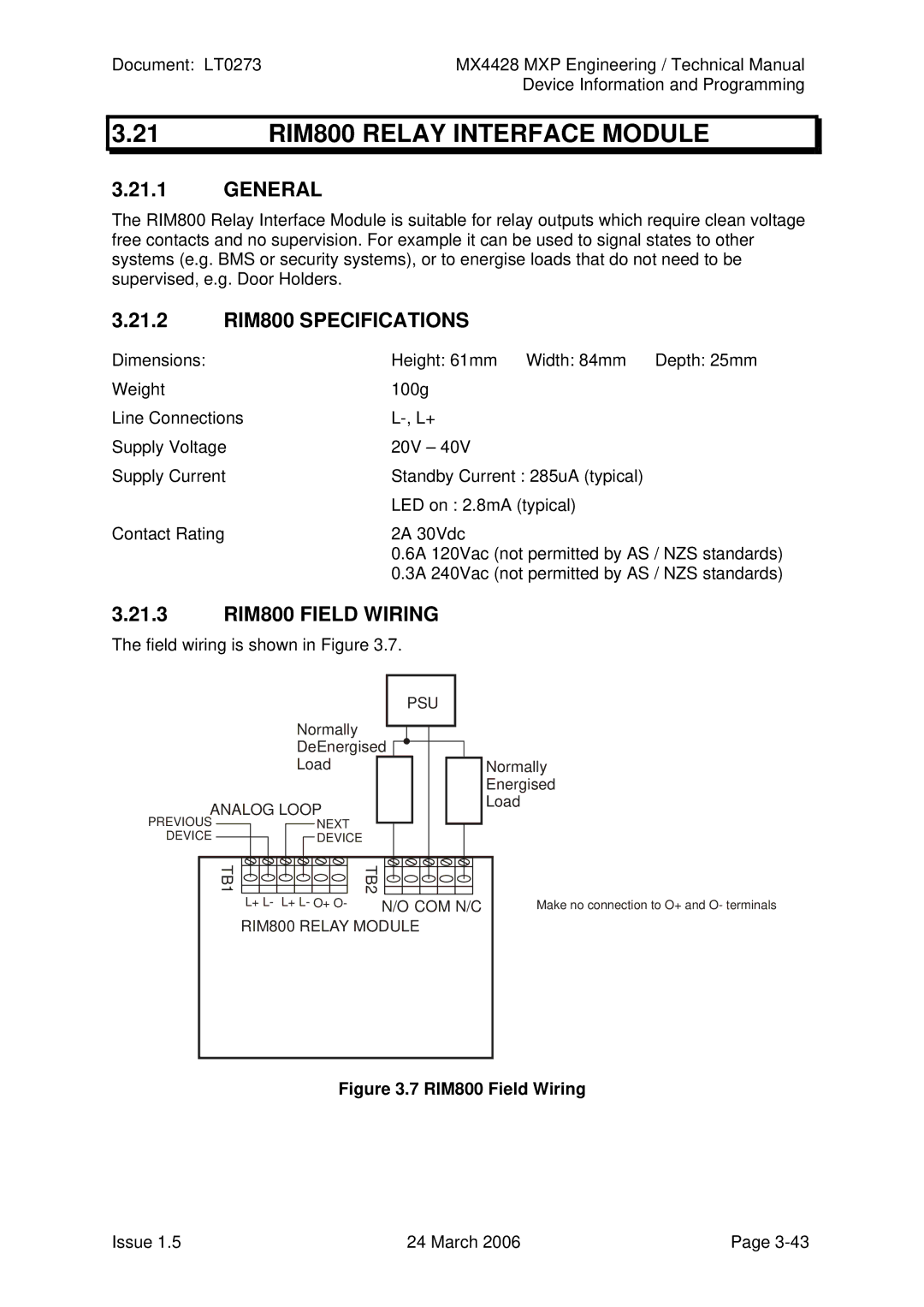 Tyco MX4428 technical manual 21 RIM800 Relay Interface Module, 21.2 RIM800 Specifications, 21.3 RIM800 Field Wiring 