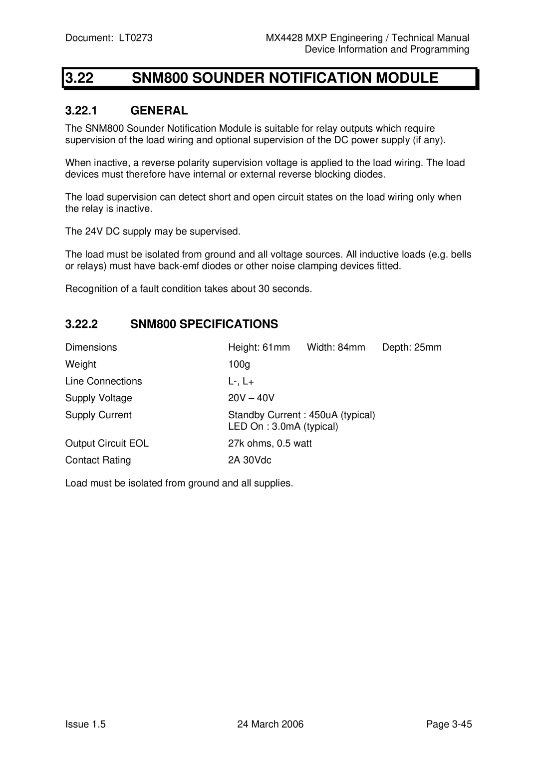 Tyco MX4428 technical manual 22 SNM800 Sounder Notification Module, 22.2 SNM800 Specifications 