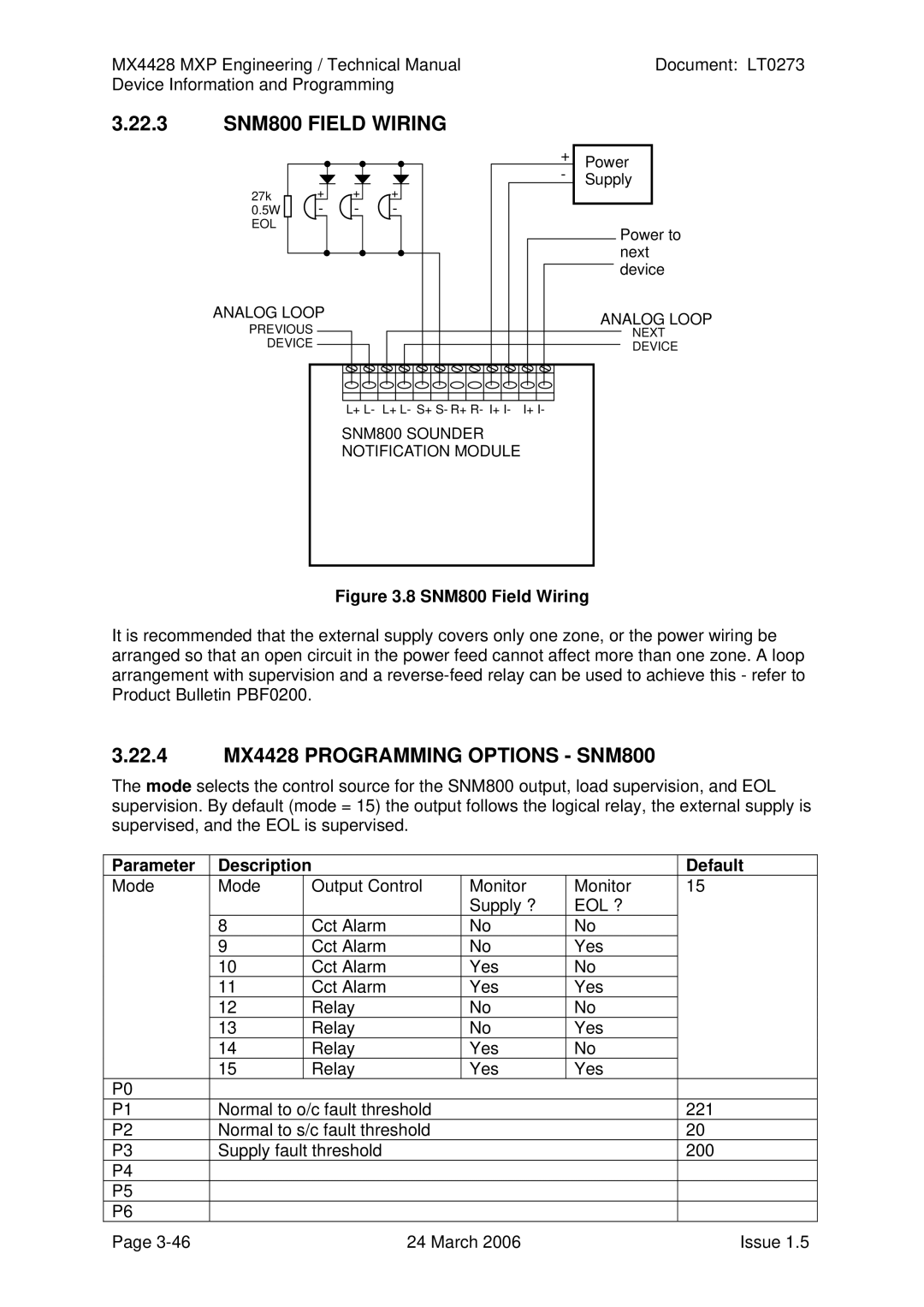 Tyco technical manual 22.3 SNM800 Field Wiring, 22.4 MX4428 Programming Options SNM800, Eol ? 