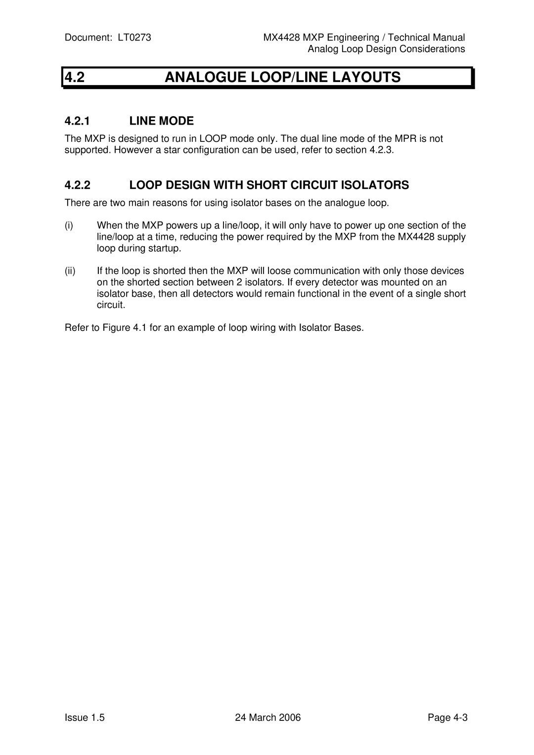 Tyco MX4428 technical manual Analogue LOOP/LINE Layouts, Line Mode, Loop Design with Short Circuit Isolators 