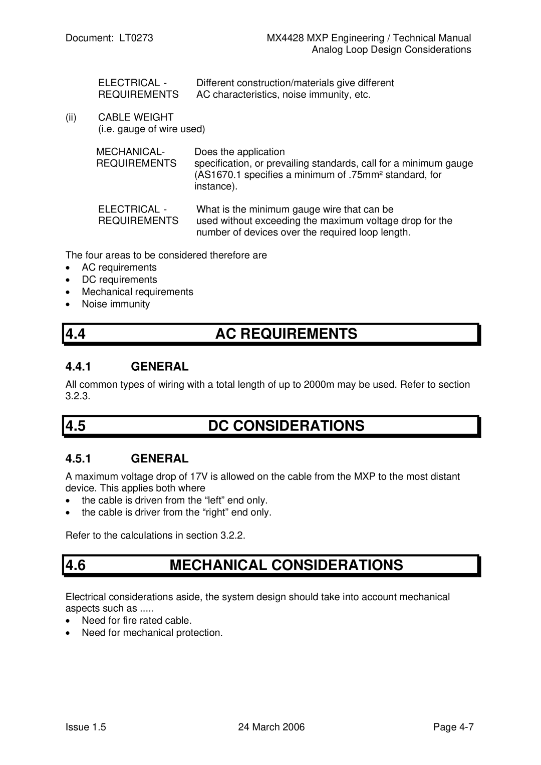 Tyco MX4428 technical manual AC Requirements, DC Considerations, 6MECHANICAL Considerations 