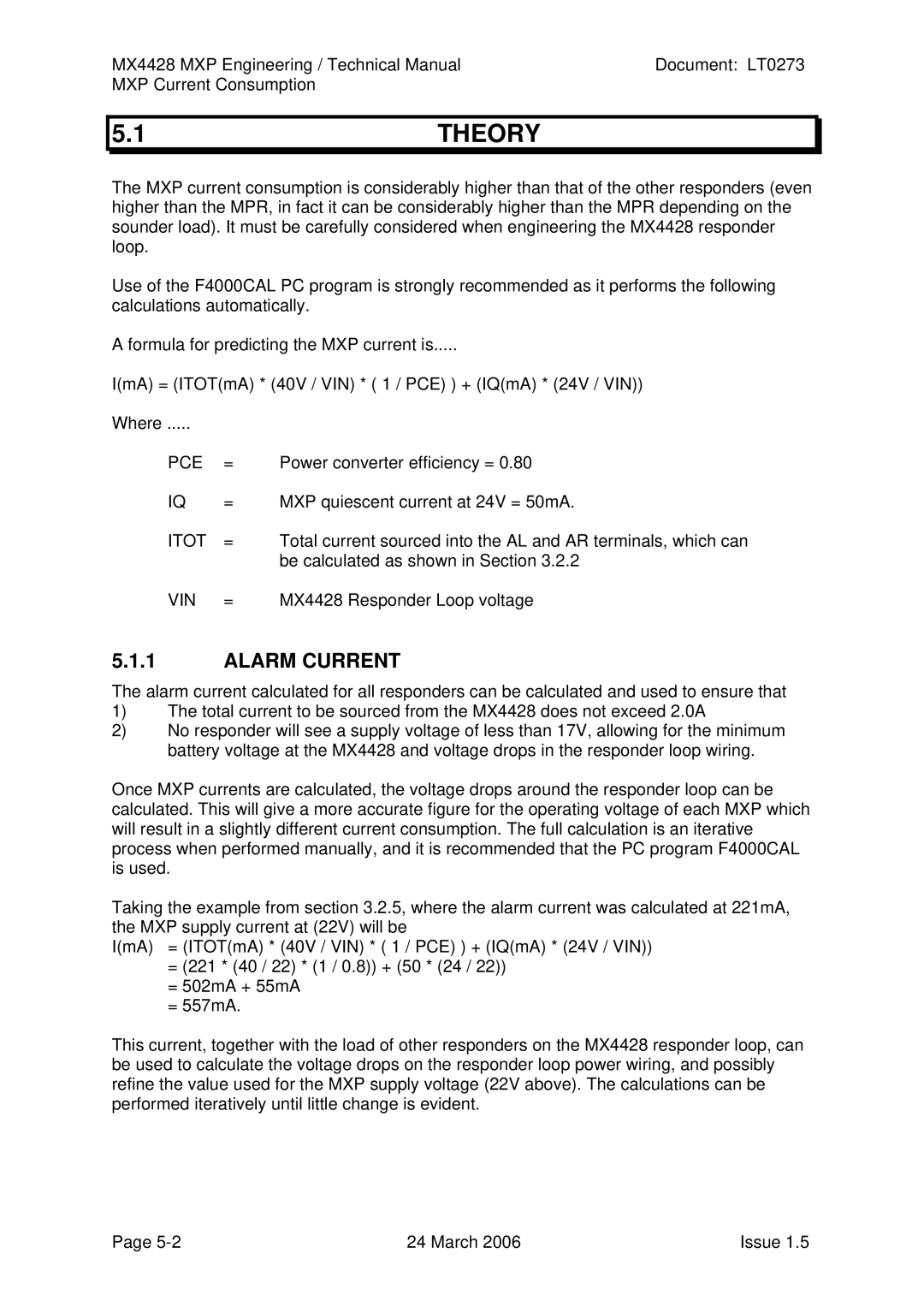 Tyco MX4428 technical manual 1THEORY, Alarm Current, Pce, Itot, Vin 