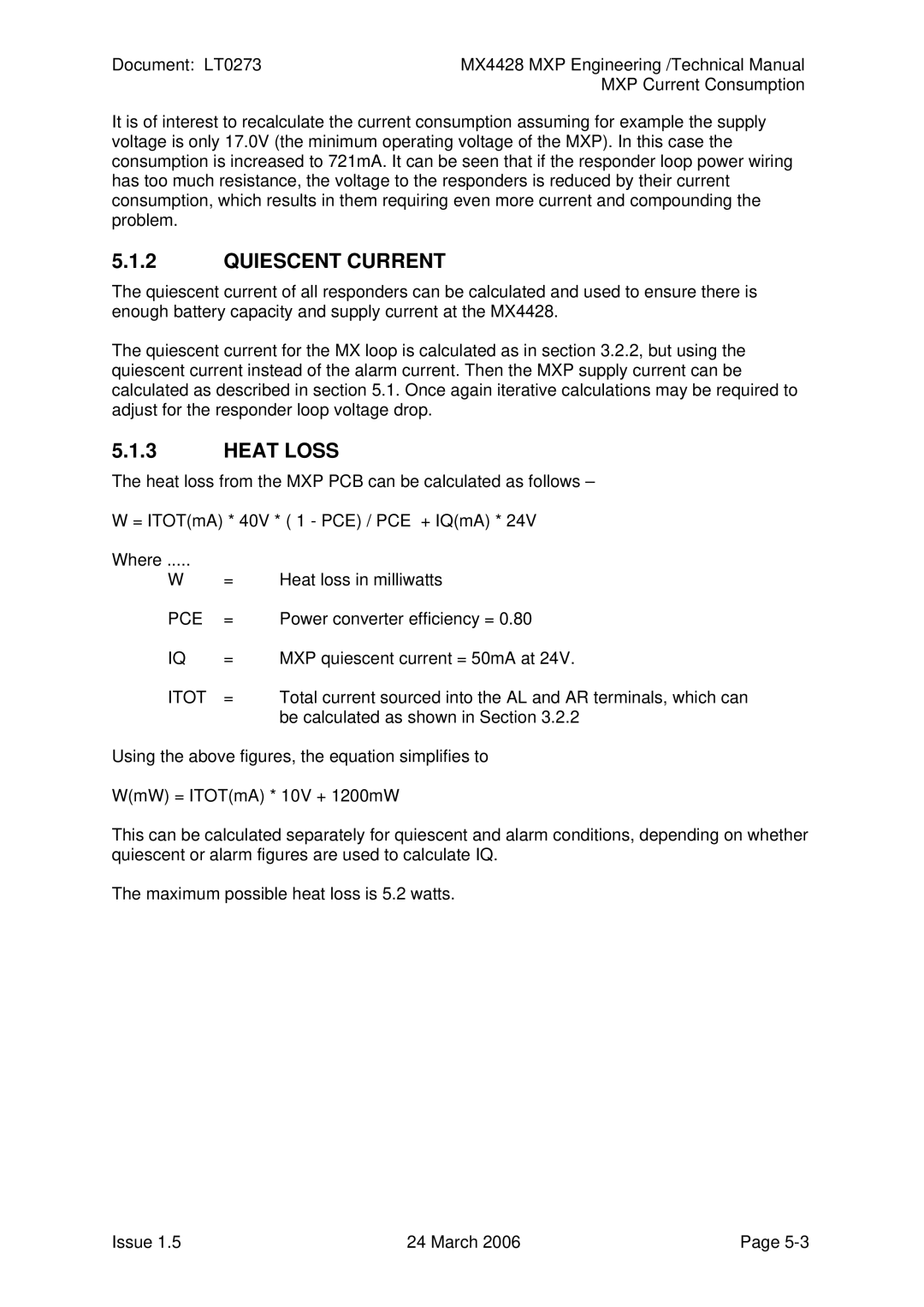 Tyco MX4428 technical manual Quiescent Current, Heat Loss 