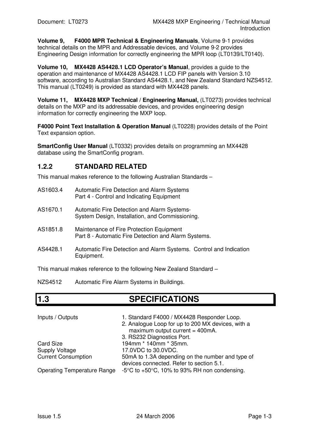 Tyco MX4428 technical manual Specifications, Standard Related 