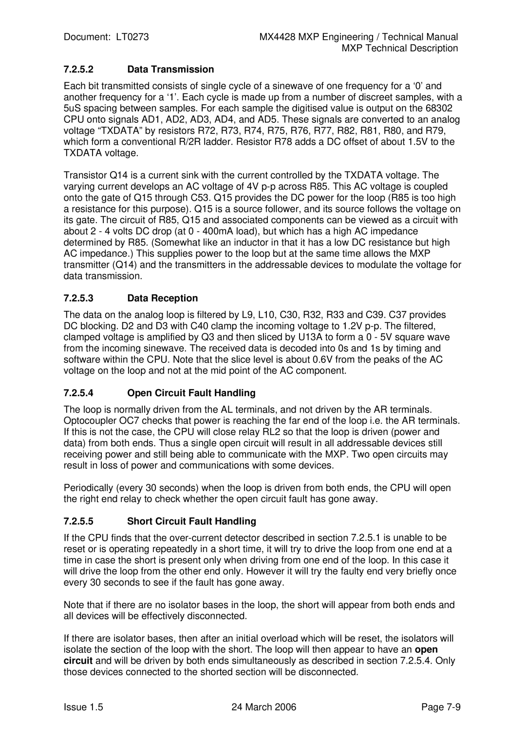 Tyco MX4428 technical manual Data Transmission, Data Reception, Open Circuit Fault Handling, Short Circuit Fault Handling 