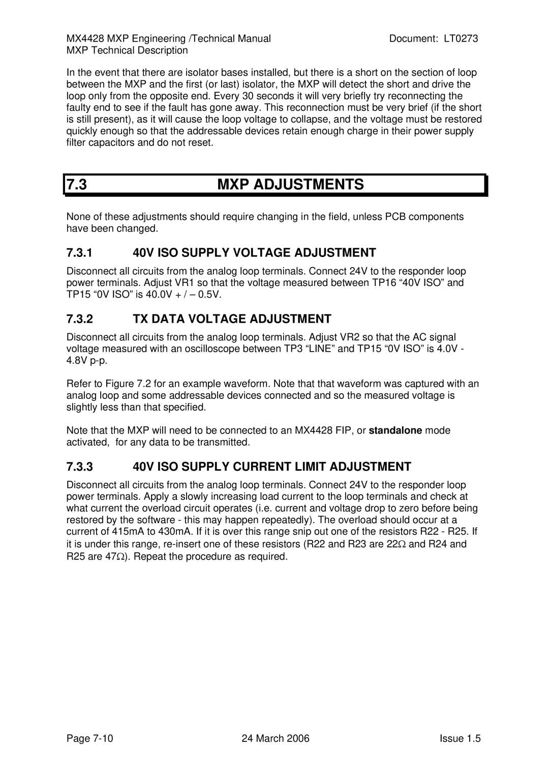 Tyco MX4428 technical manual MXP Adjustments, 1 40V ISO Supply Voltage Adjustment, TX Data Voltage Adjustment 