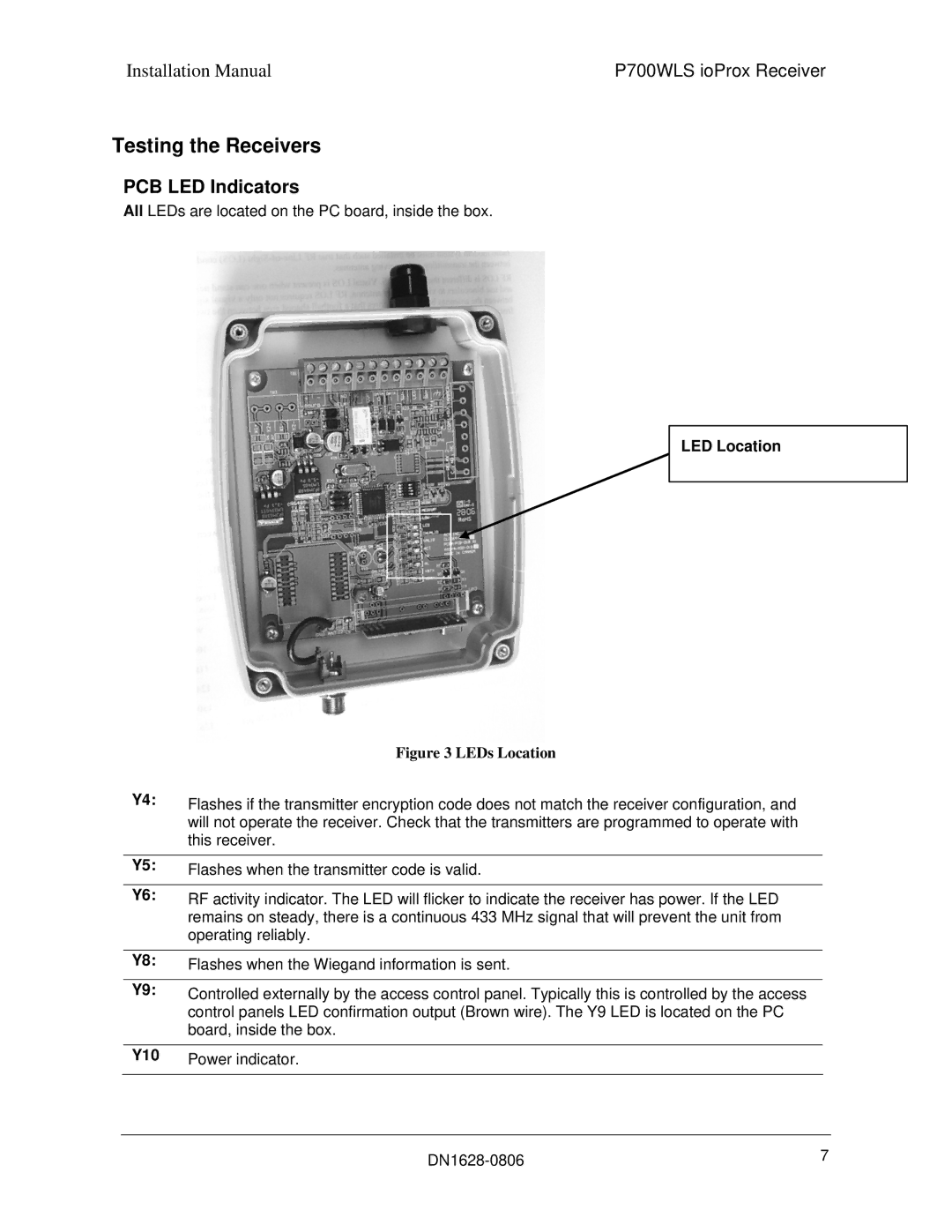 Tyco P700WLS installation manual Testing the Receivers, PCB LED Indicators, LED Location, Y10 