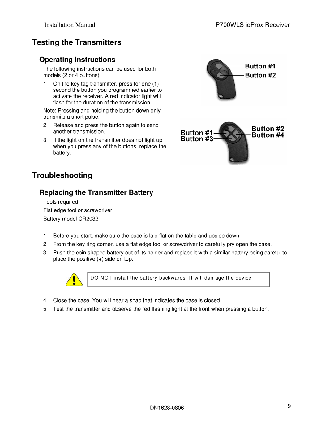 Tyco P700WLS Testing the Transmitters, Troubleshooting, Operating Instructions, Replacing the Transmitter Battery 