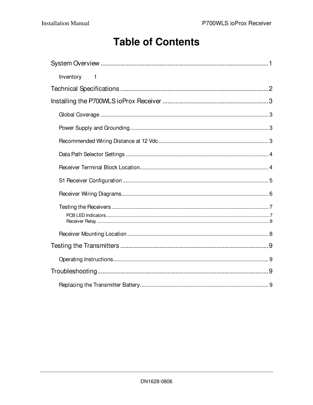 Tyco P700WLS installation manual Table of Contents 