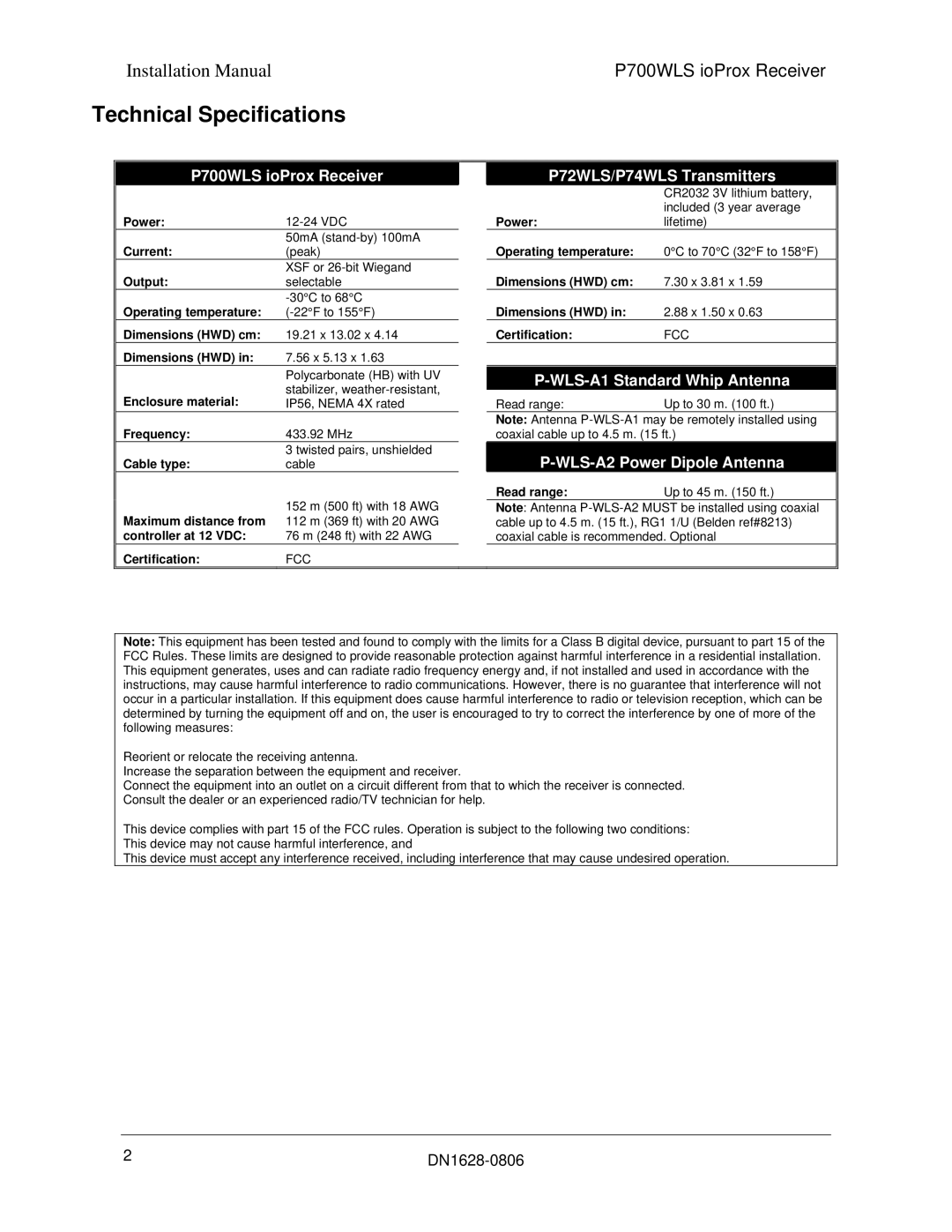 Tyco installation manual Technical Specifications, P700WLS ioProx Receiver P72WLS/P74WLS Transmitters 