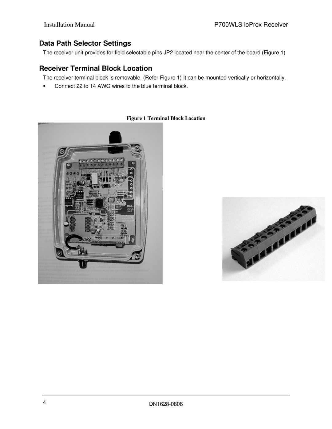 Tyco P700WLS installation manual Data Path Selector Settings, Receiver Terminal Block Location 