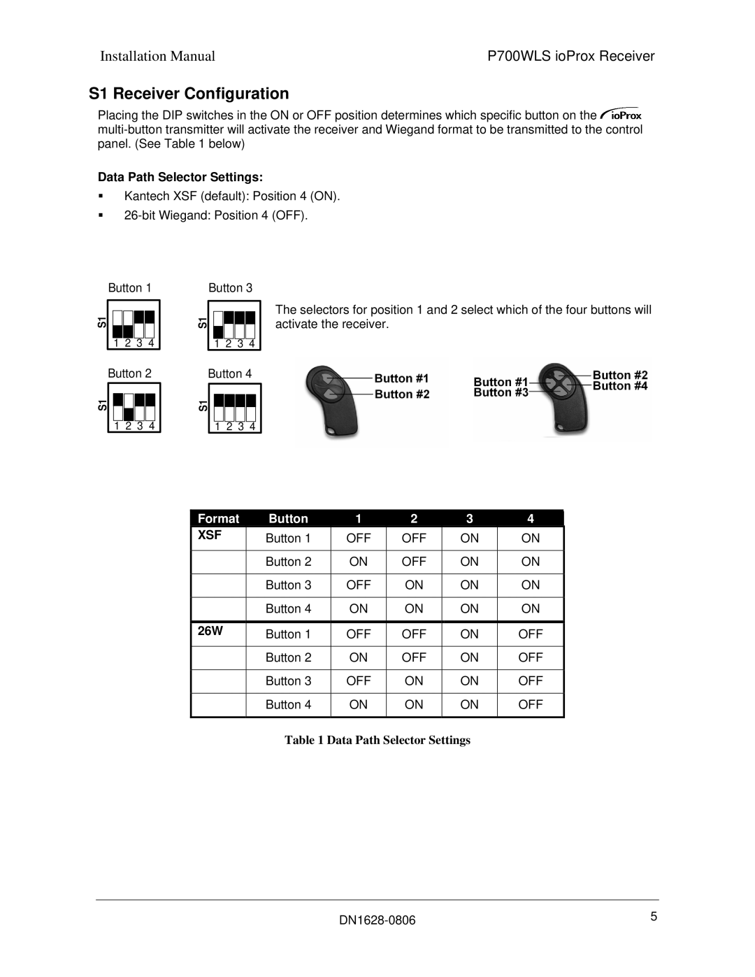 Tyco P700WLS installation manual S1 Receiver Configuration, Data Path Selector Settings, 26W 