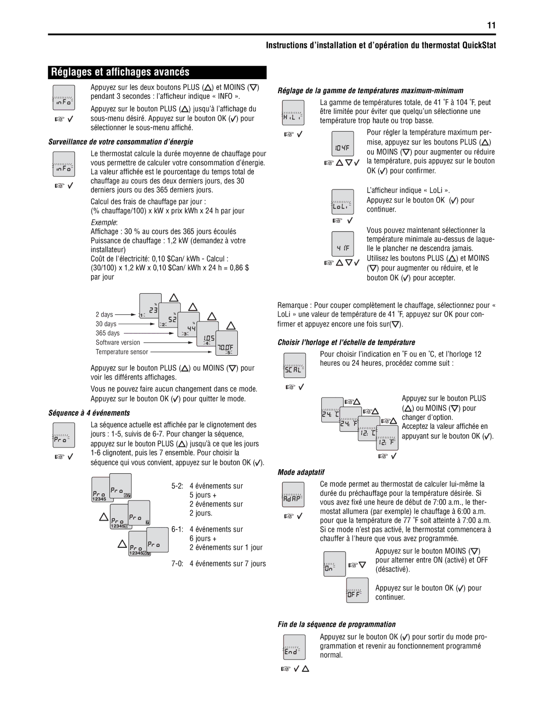 Tyco QuickStatTM specifications Réglages et affichages avancés 