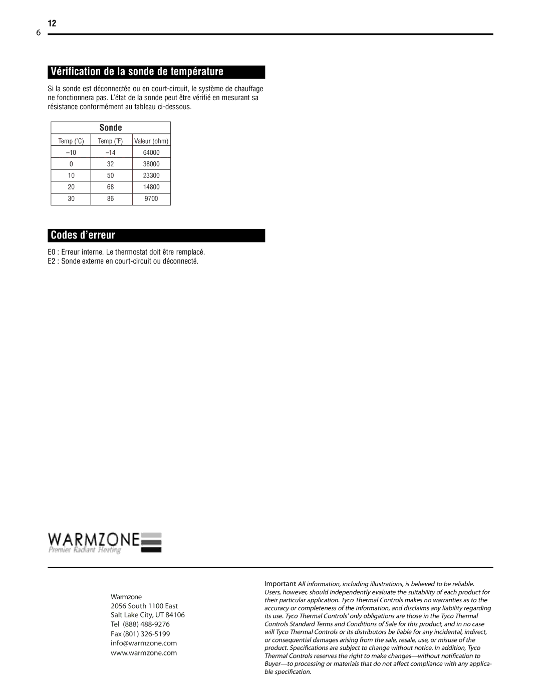 Tyco QuickStatTM specifications Vérification de la sonde de température, Codes d’erreur 