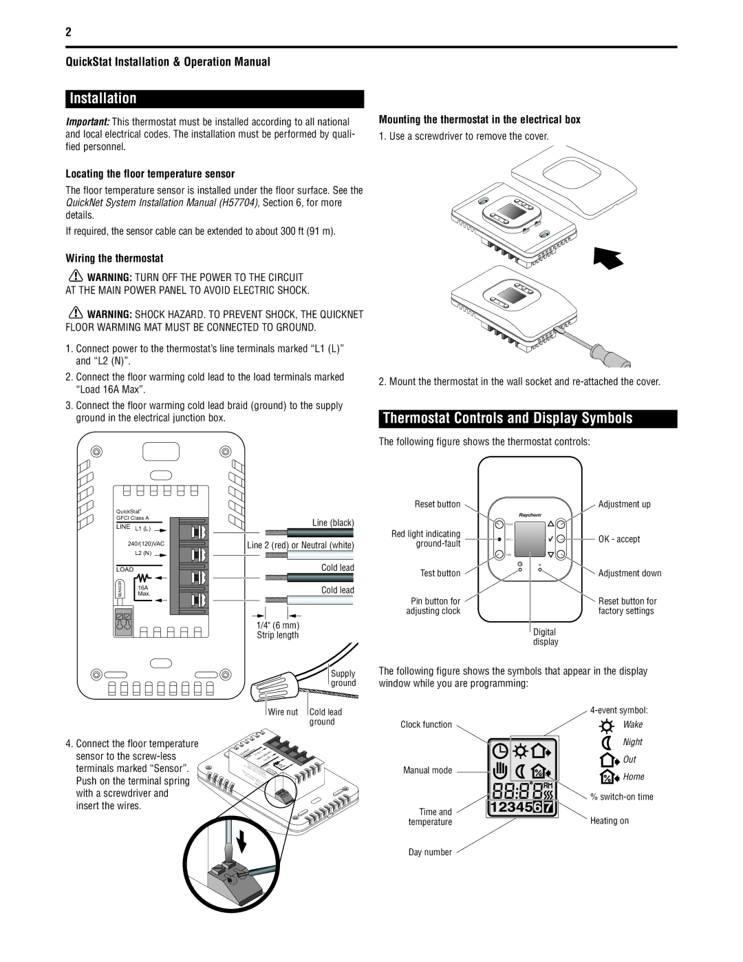 Tyco QuickStatTM Installation, Thermostat Controls and Display Symbols, Locating the floor temperature sensor 