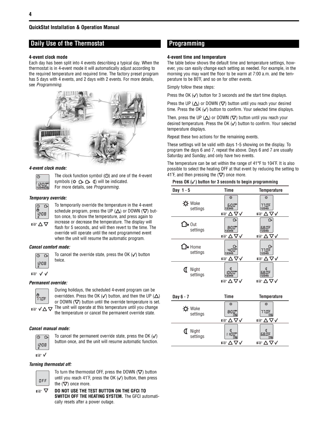 Tyco QuickStatTM specifications Daily Use of the Thermostat, Event clock mode, Event time and temperature 