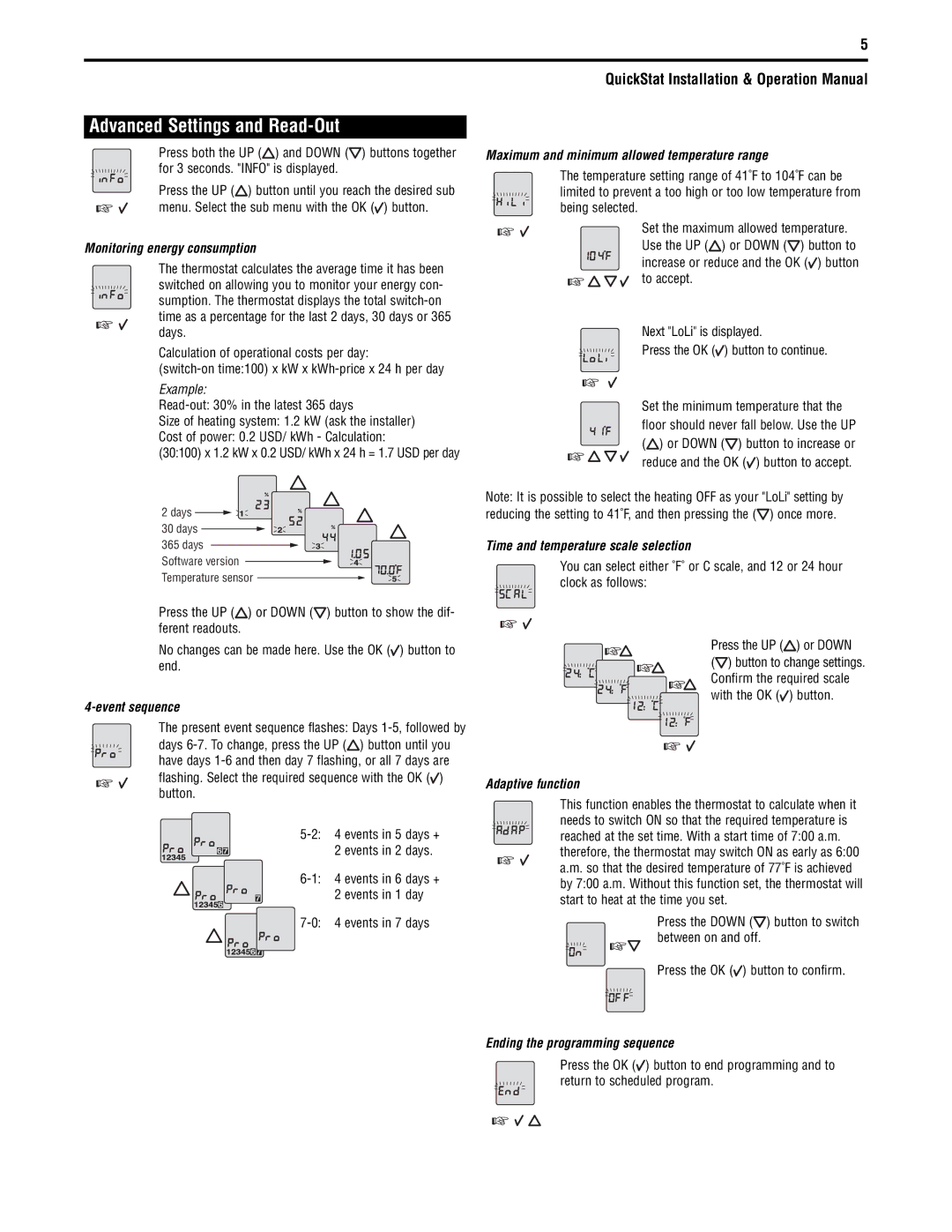 Tyco QuickStatTM specifications Advanced Settings and Read-Out 