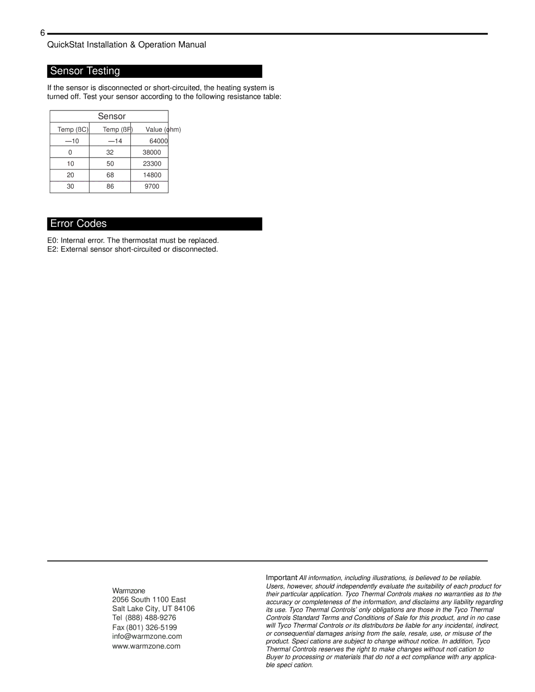 Tyco QuickStatTM specifications Sensor Testing, Error Codes, Warmzone 