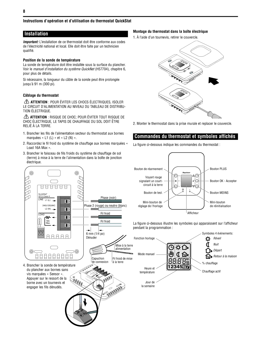 Tyco QuickStatTM Commandes du thermostat et symboles affichés, Position de la sonde de température, Câblage du thermostat 