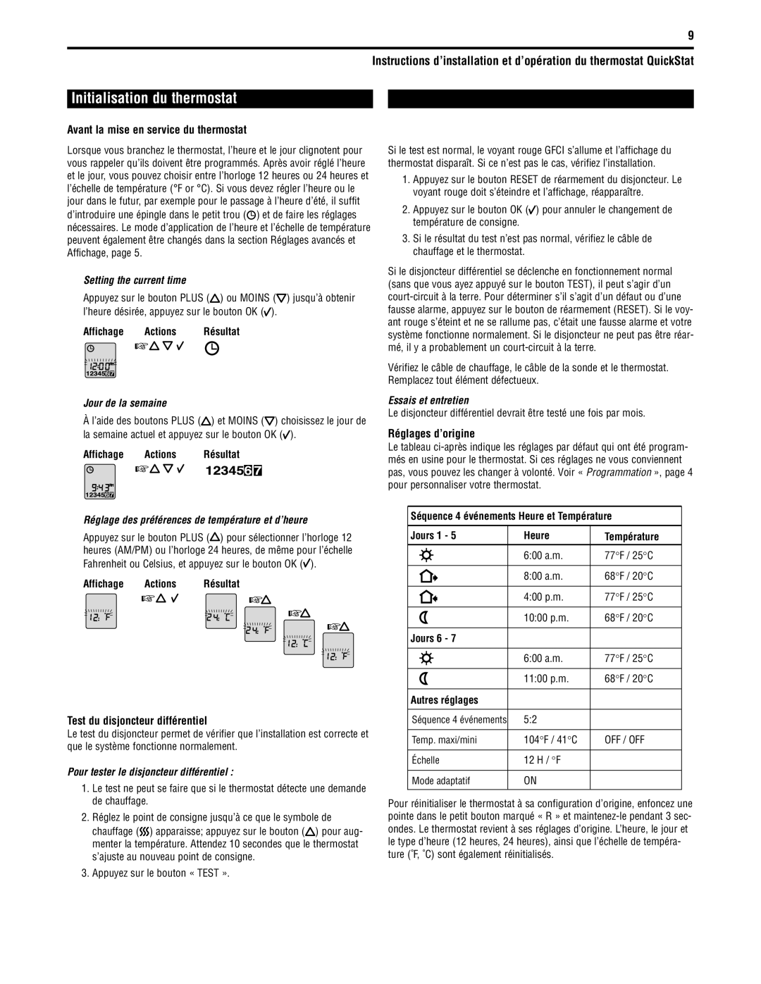 Tyco QuickStatTM specifications Initialisation du thermostat, Avant la mise en service du thermostat, Réglages d’origine 