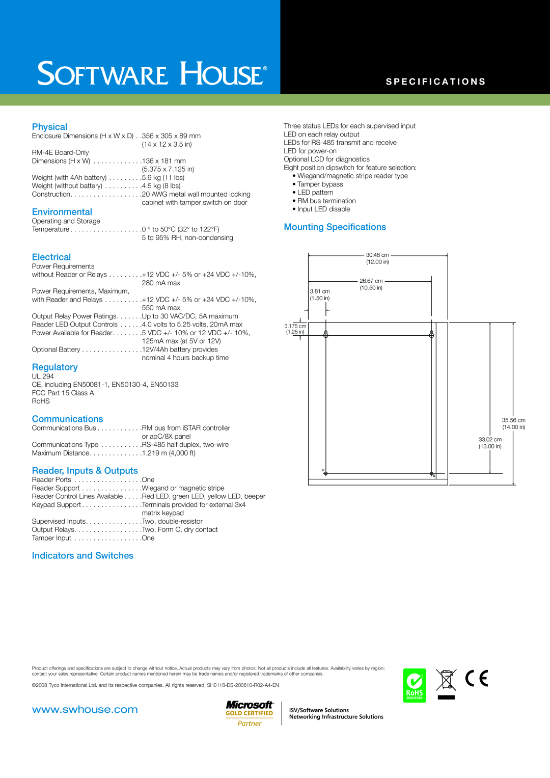 Tyco RM-DCM-2 manual s p e c i f i c a t i o n s, Physical, Environmental, Electrical, Mounting Specifications, Regulatory 