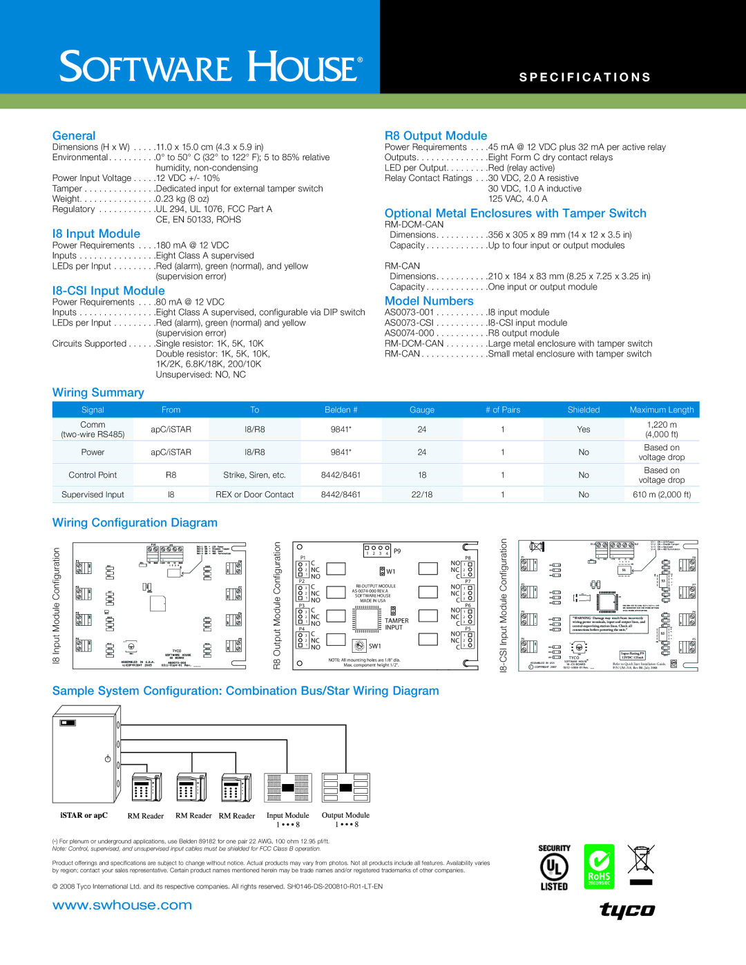 Tyco AS0074-000, RM-DCM-CAN General, I8 Input Module, I8-CSI Input Module, R8 Output Module, Model Numbers, Wiring Summary 