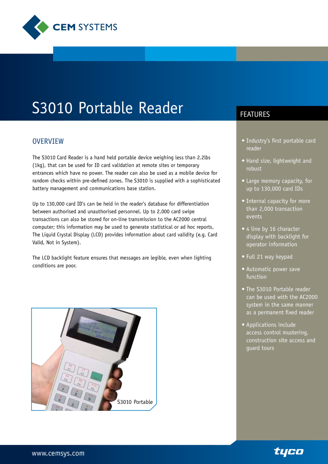 Tyco manual S3010 Portable Reader 