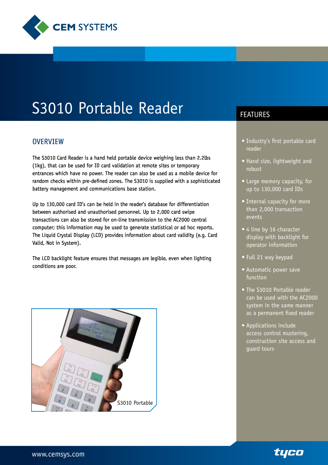 Tyco manual Features, S3010 Portable Reader, Overview, Industry’s first portable card reader 