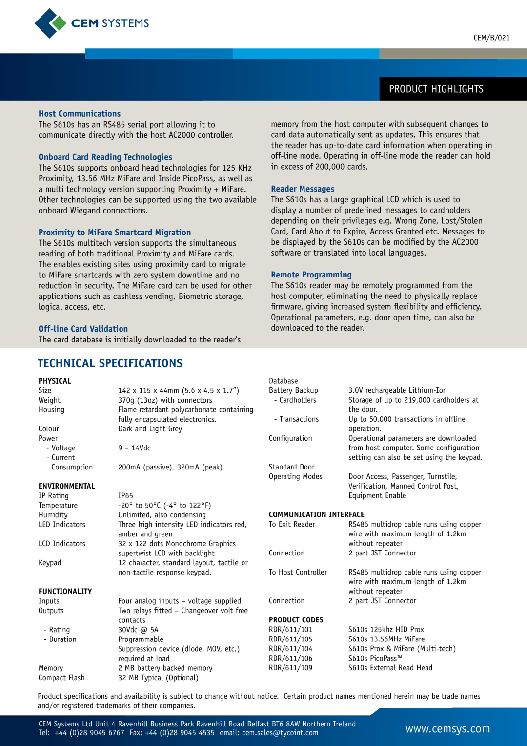 Tyco S610s manual Technical Specifications 