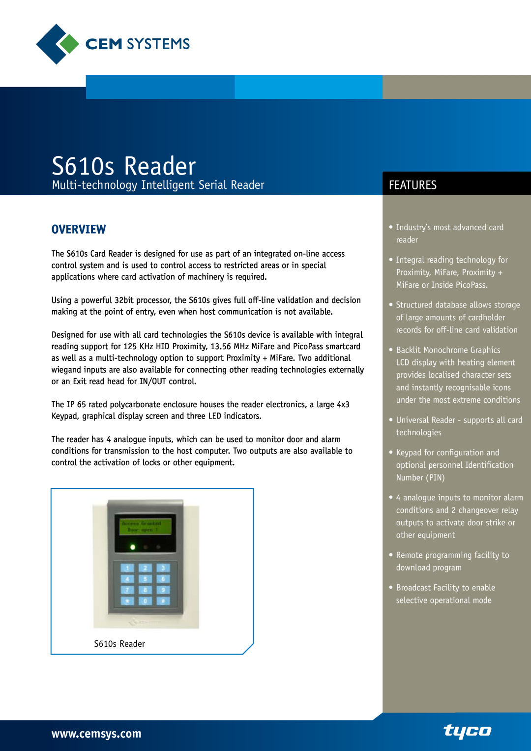 Tyco manual Overview, S610s Reader, Multi-technology Intelligent Serial Reader, Features, Backlit Monochrome Graphics 