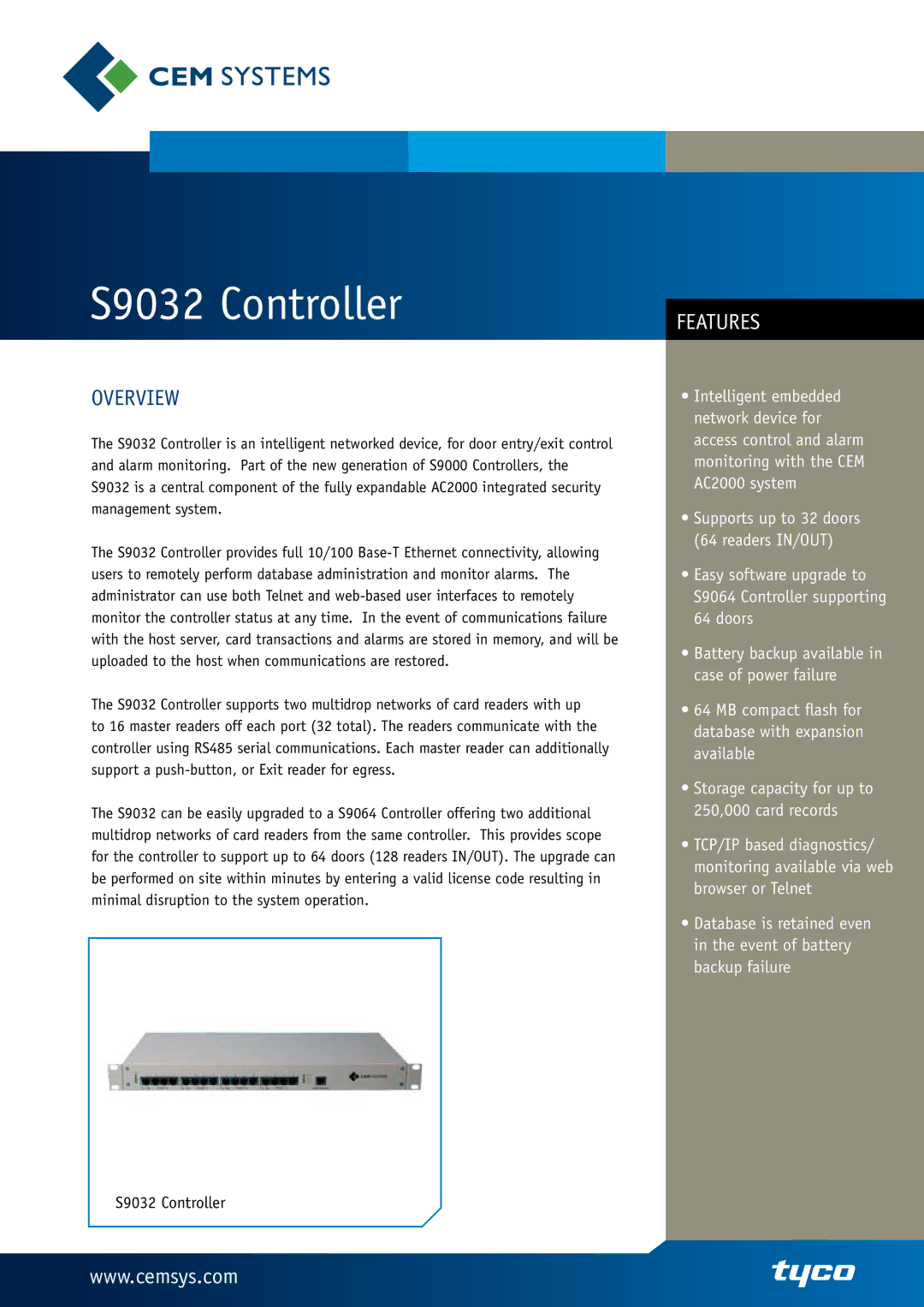 Tyco S9064 manual S9032 Controller 