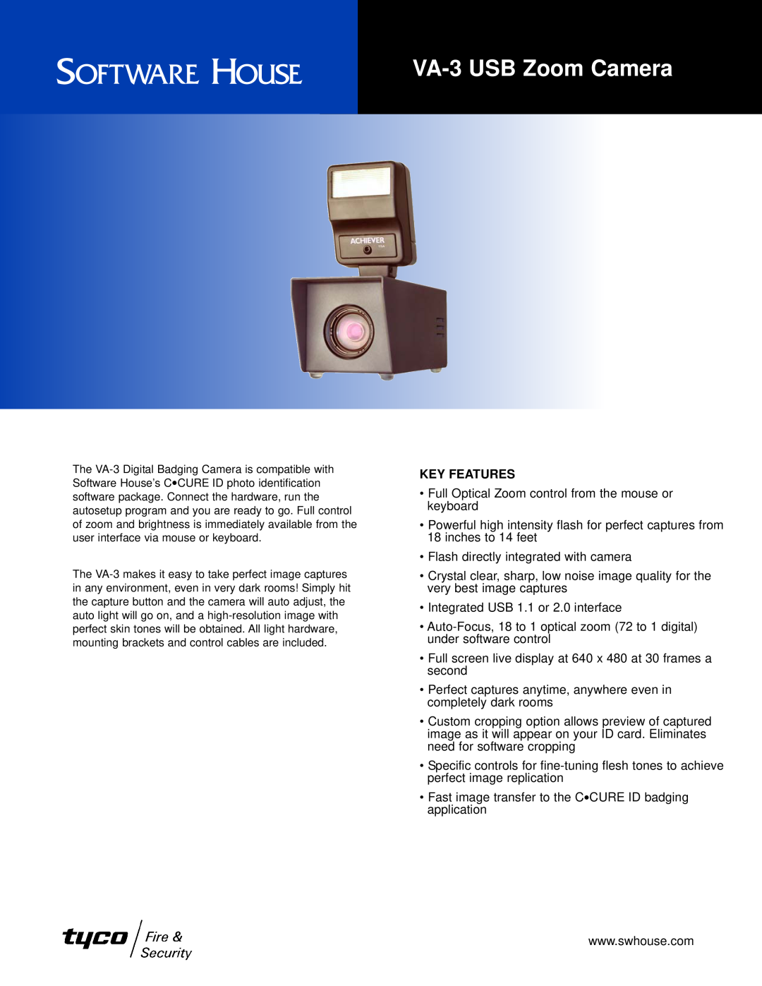 Tyco manual VA-3 USB Zoom Camera, Key Features 