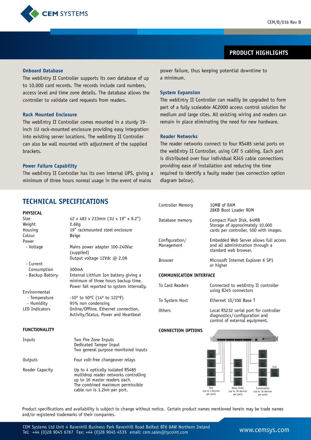 Tyco webEntry II Onboard Database, Rack Mounted Enclosure, Power Failure Capability, System Expansion, Reader Networks 