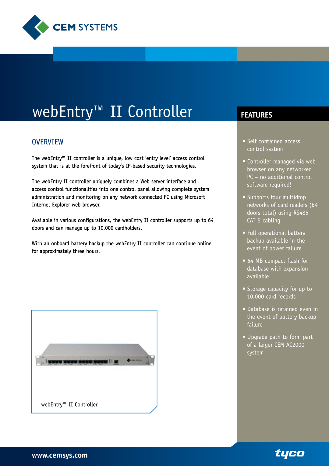 Tyco manual webEntry II Controller, Overview, Features, MB compact flash for database with expansion available 