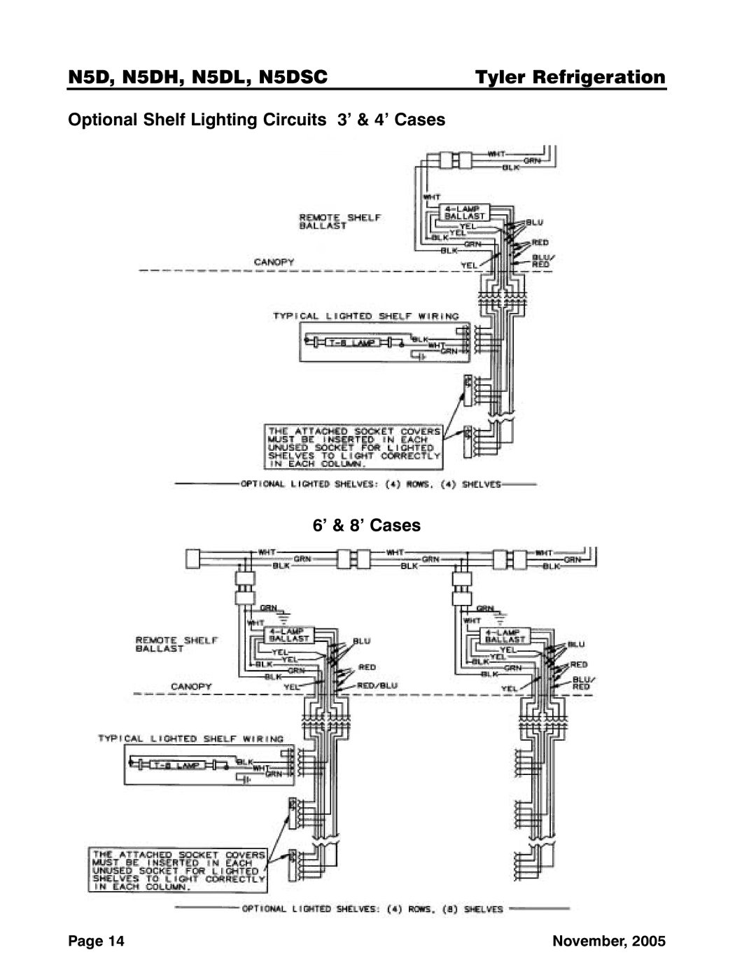 Tyler Refrigeration N5DH, N5DL, N5DSC service manual Optional Shelf Lighting Circuits 3’ & 4’ Cases ’ & 8’ Cases, November 