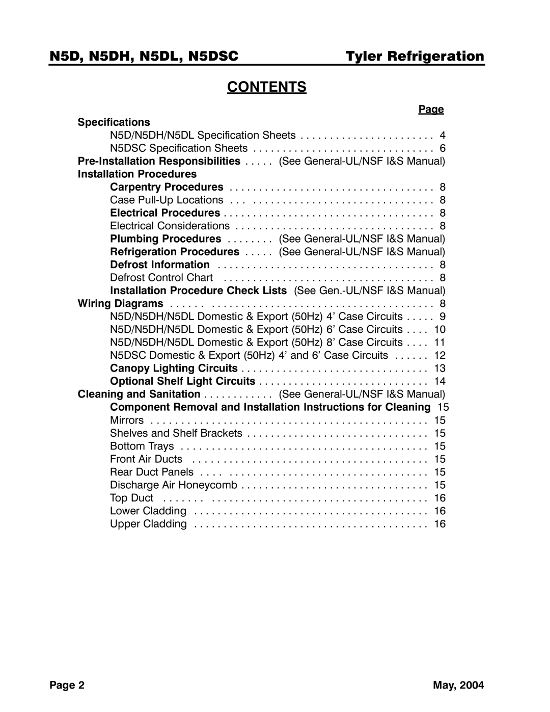 Tyler Refrigeration N5DH, N5DL, N5DSC service manual Contents 