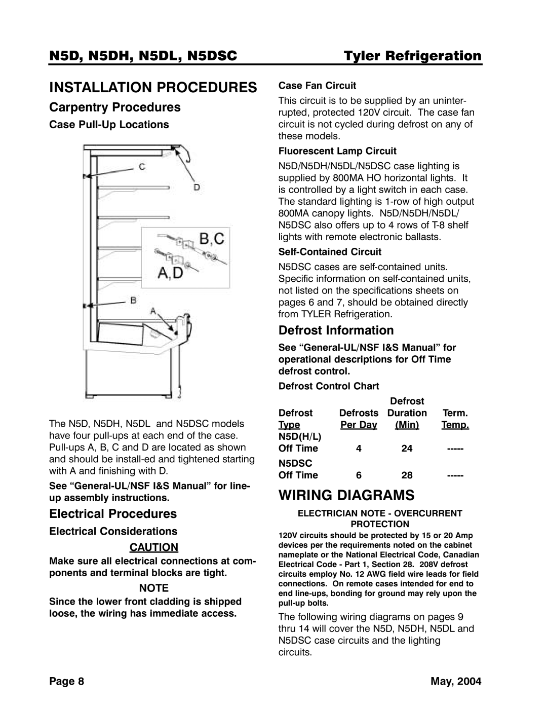 Tyler Refrigeration N5DL, N5DH, N5DSC Installation Procedures, Wiring Diagrams, Carpentry Procedures, Electrical Procedures 