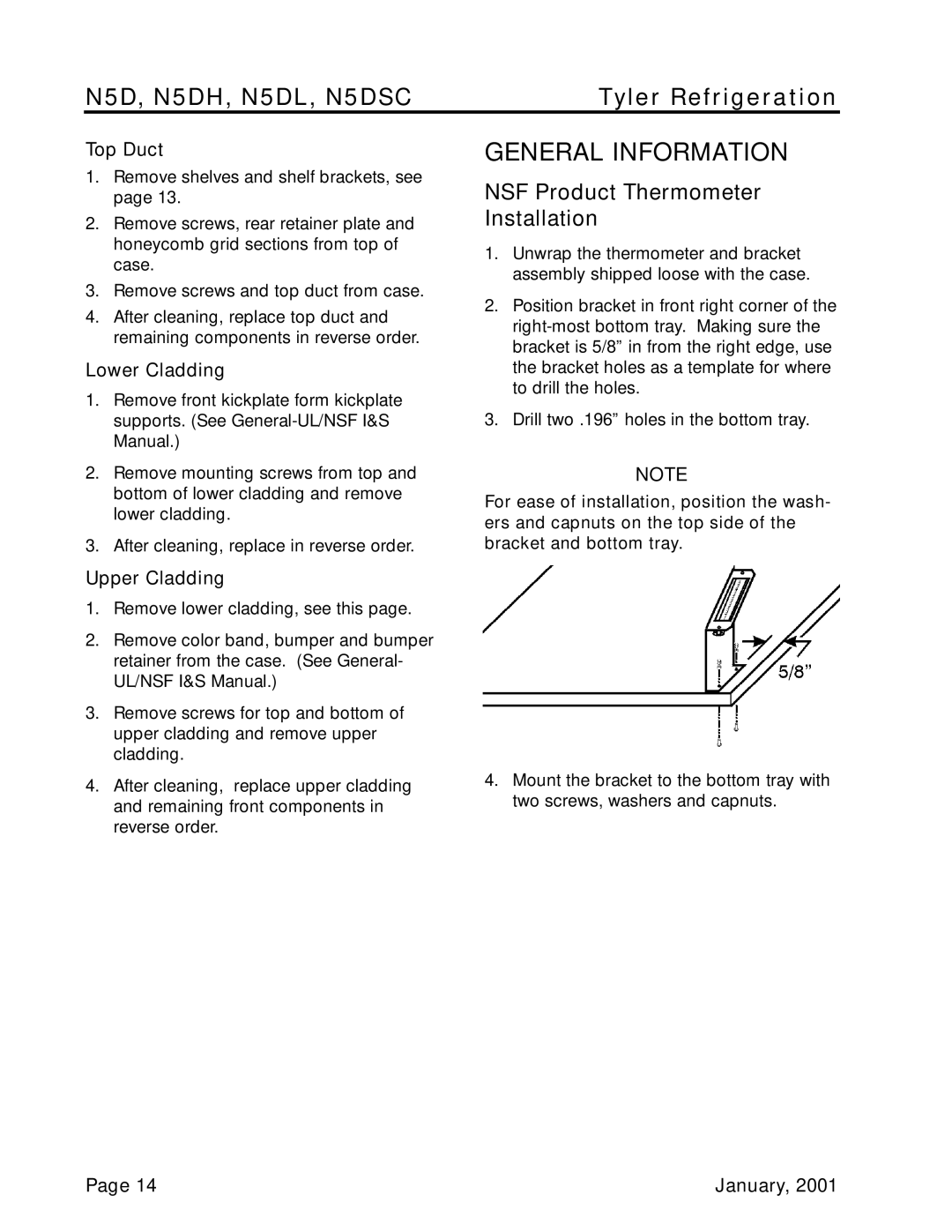 Tyler Refrigeration N5DH, N5DL, N5DSC General Information, NSF Product Thermometer Installation, Top Duct, Lower Cladding 
