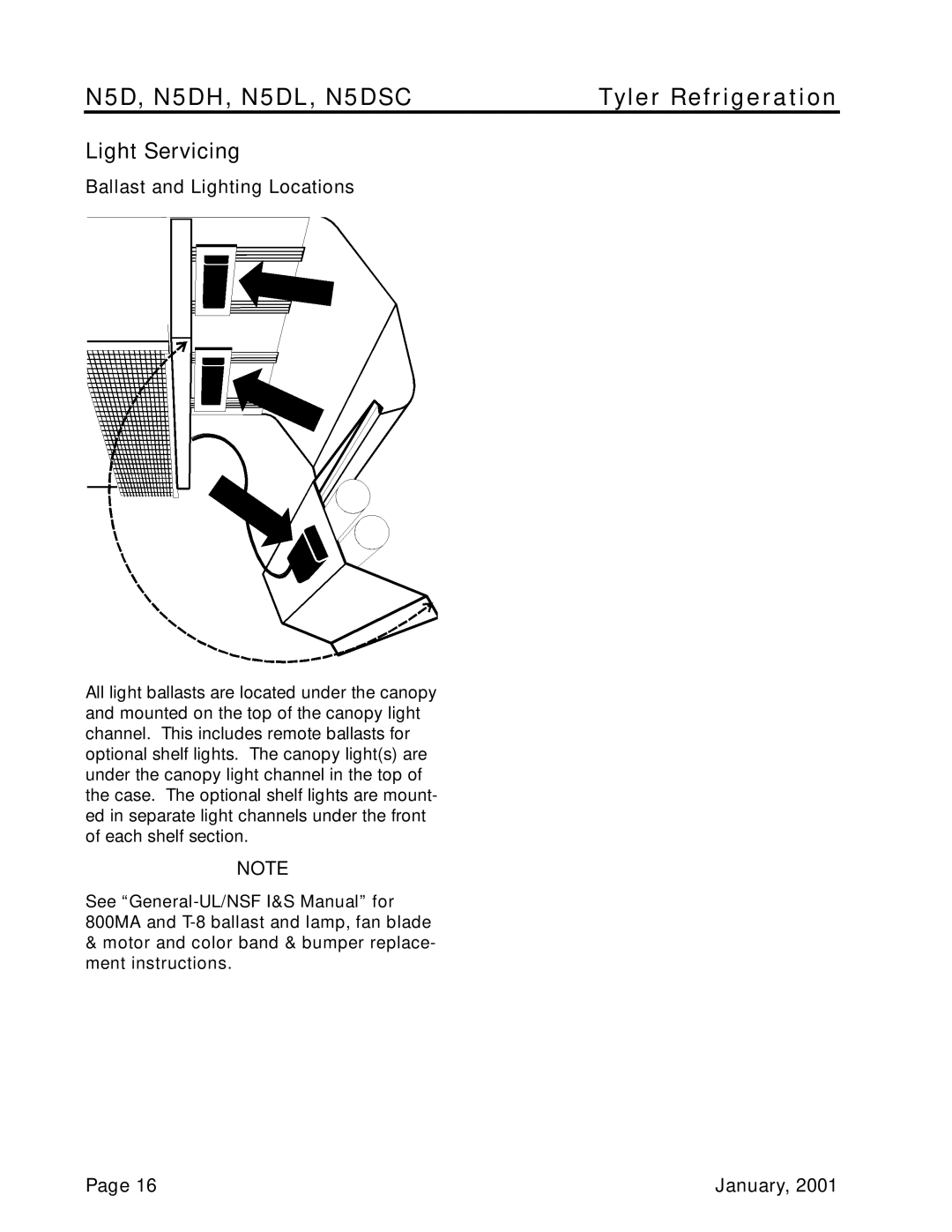 Tyler Refrigeration N5DL, N5DH, N5DSC service manual Light Servicing, Ballast and Lighting Locations 