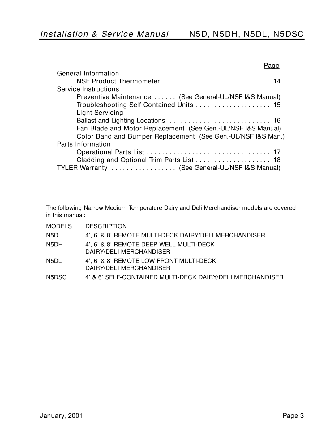 Tyler Refrigeration N5DSC, N5DL, N5DH General Information, Service Instructions, Light Servicing, Parts Information 