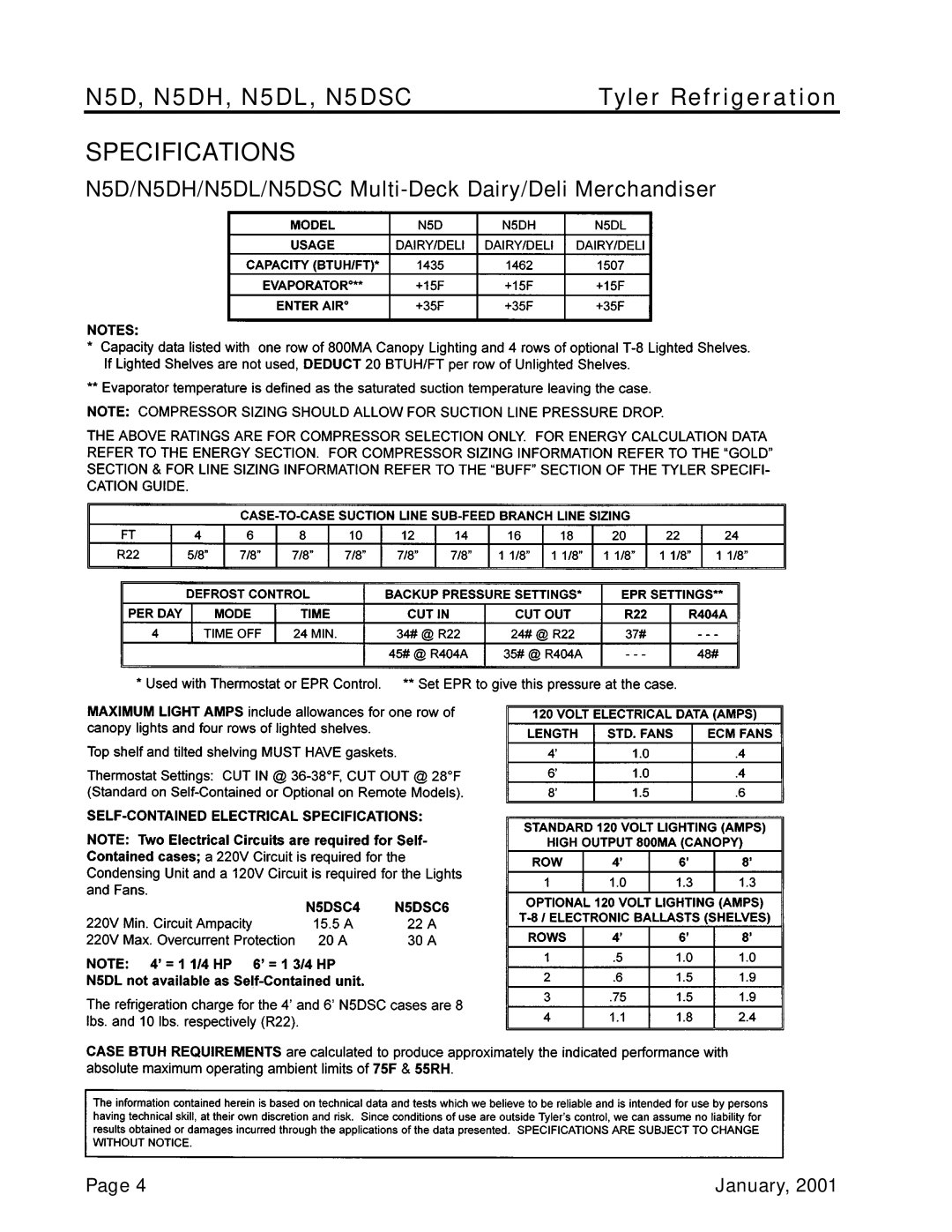 Tyler Refrigeration service manual Specifications, N5D/N5DH/N5DL/N5DSC Multi-Deck Dairy/Deli Merchandiser 