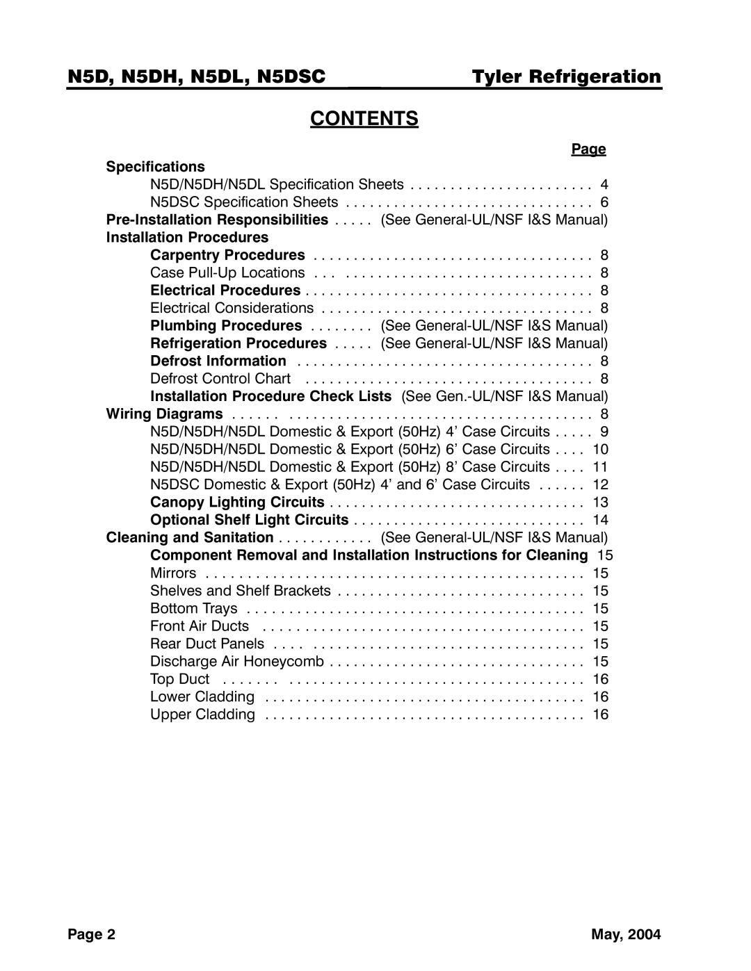 Tyler Refrigeration service manual Contents, N5D, N5DH, N5DL, N5DSCTyler Refrigeration 
