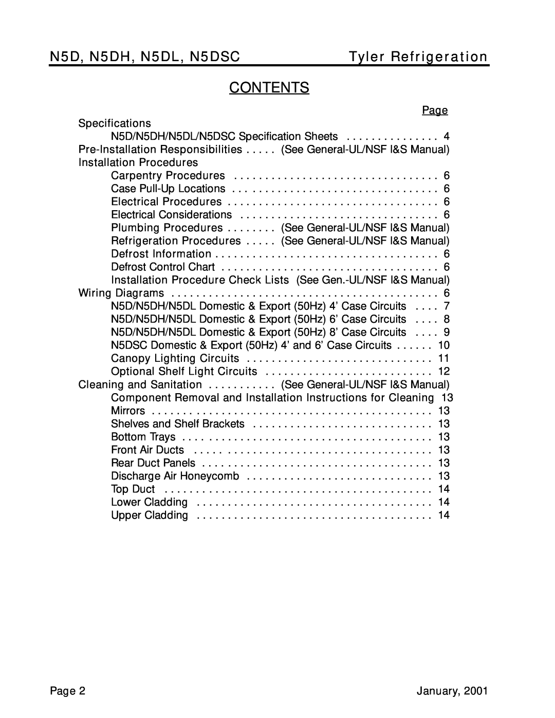 Tyler Refrigeration service manual Contents, N5D, N5DH, N5DL, N5DSC, Tyler Refrigeration 