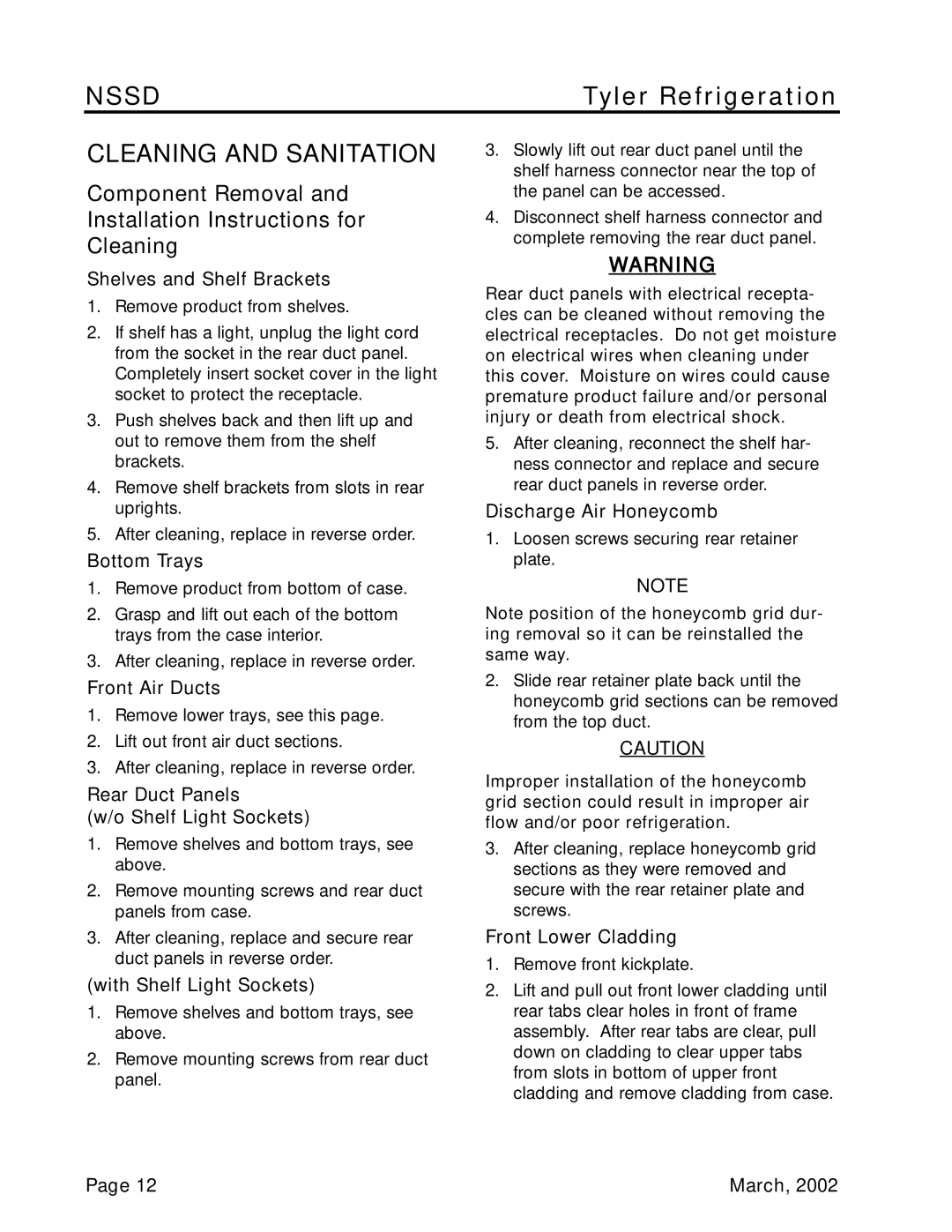 Tyler Refrigeration NSSD service manual Cleaning and Sanitation 