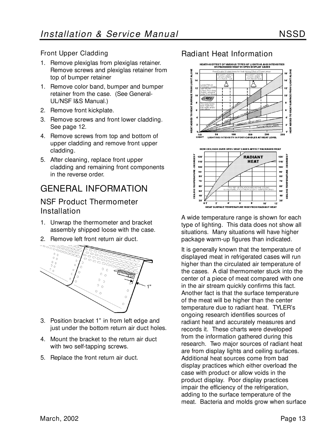 Tyler Refrigeration NSSD service manual General Information, NSF Product Thermometer Installation, Radiant Heat Information 