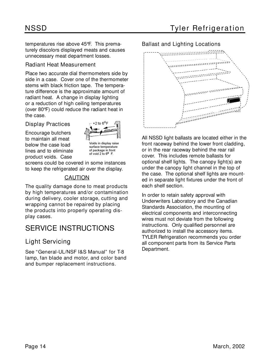 Tyler Refrigeration NSSD service manual Service Instructions, Light Servicing, Radiant Heat Measurement, Display Practices 